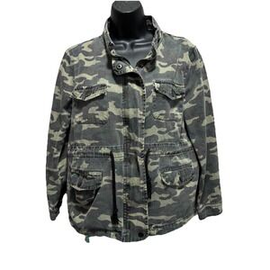 Re-Order Camo Zip/Snap Jacket Drawstring Waist Size L Pockets Cotton Military